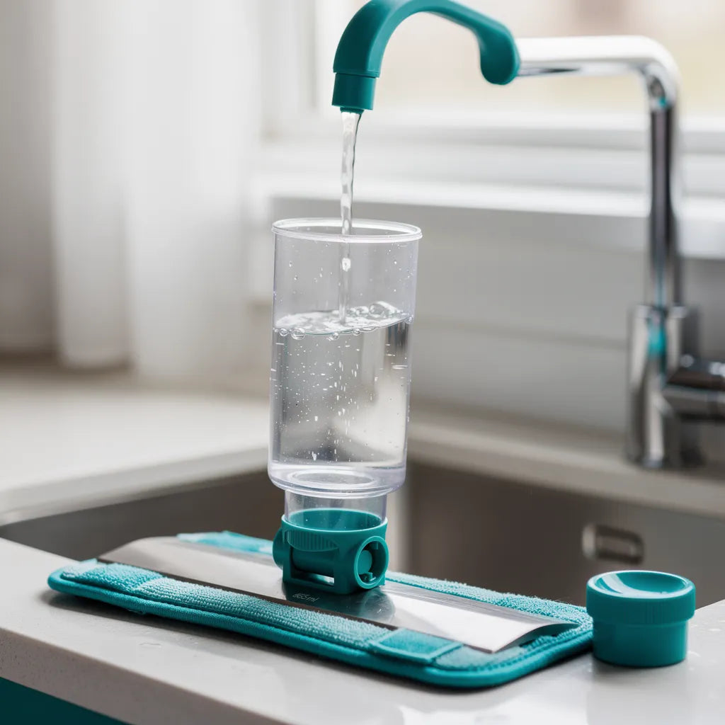 Reservatório transparente 365ml do mop spray sendo abastecido com água na pia da cozinha com tampa teal ao - Vittara Decor