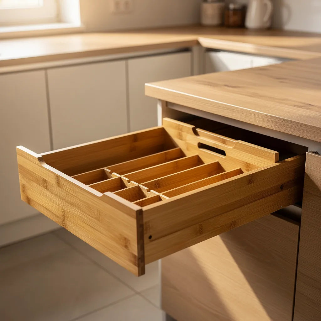 Organizador de gavetas em bambu ajustável em gaveta de cozinha moderna clara com luz natural quente - Vittara Decor