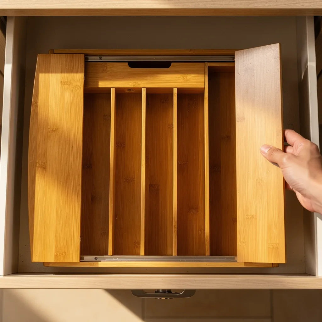 Mão deslizando painel lateral de extensão do organizador de gavetas em bambu mostrando mecanismo ajustável - Vittara Decor