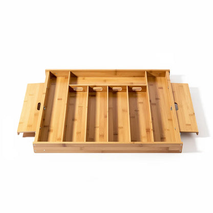 Organizador de gavetas em bambu modular totalmente expandido 7 compartimentos vista superior fundo branco - Vittara Decor
