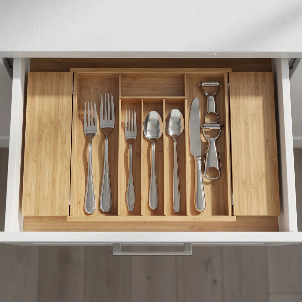 Vista superior de gaveta branca aberta com organizador de bambu expandido e talheres organizados em 7 compartimentos - Vittara Decor