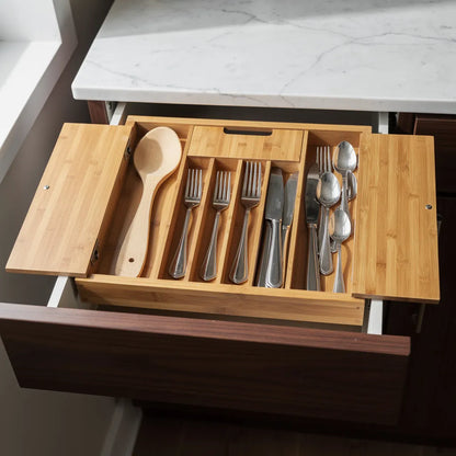 Organizador de gavetas ajustável em bambu expandido com talheres em gaveta de cozinha escura com bancada de mármore - Vittara Decor