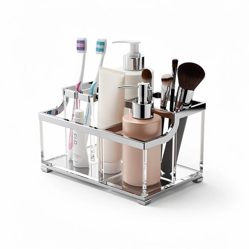 Organizador De Banheiro Acrilico Transparente Bancada Cor Cromado Vittara Decor — Vittara Decor
