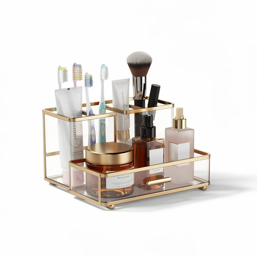 Organizador De Banheiro Acrilico Transparente Bancada Cor Dourado Vittara Decor — Vittara Decor