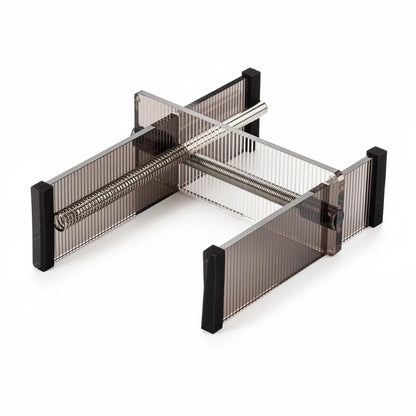 Conjunto organizador de gavetas em acrílico regulável 2 peças em cruz fundo branco mostrando mola e espumas - Vittara Decor
