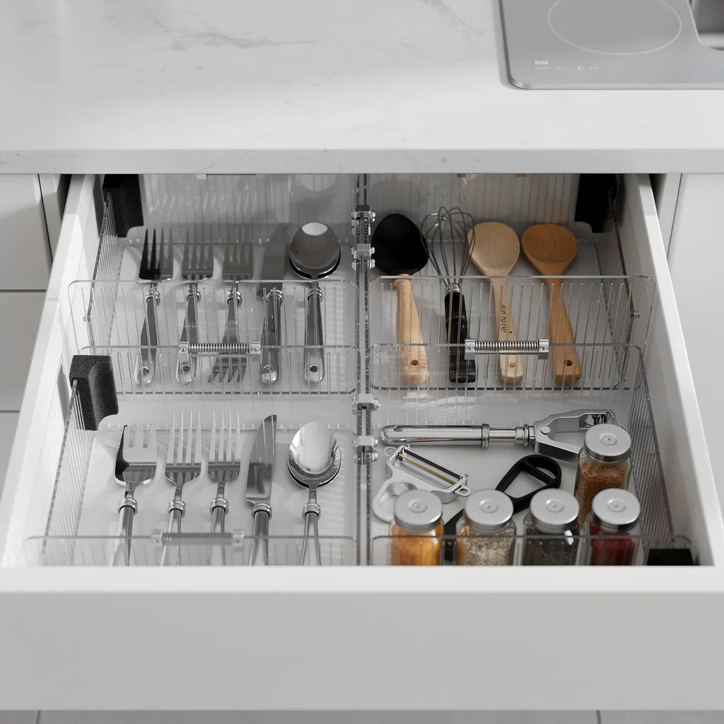 Organizador de gavetas acrílico regulável criando 4 compartimentos em gaveta de cozinha com talheres e - Vittara Decor