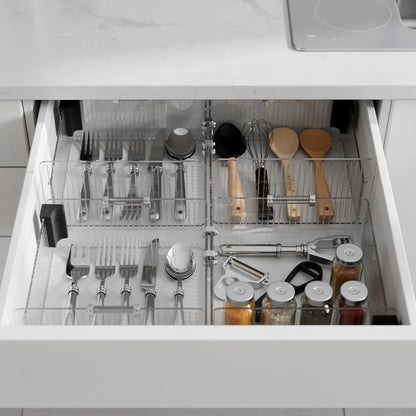 Organizador de gavetas acrílico regulável criando 4 compartimentos em gaveta de cozinha com talheres e - Vittara Decor