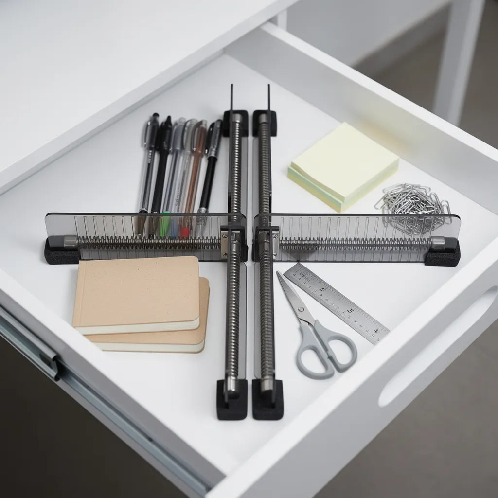 Organizador de gavetas acrílico em gaveta de escritório criando compartimentos para papelaria e materiais - Vittara Decor