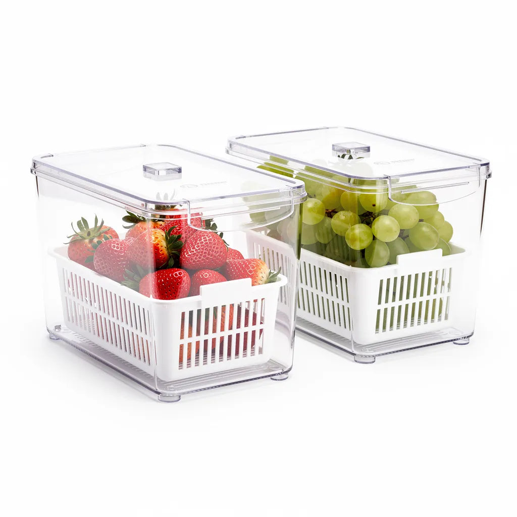 Kit 2 organizadores de geladeira transparentes com cesto branco e frutas - Vittara Decor