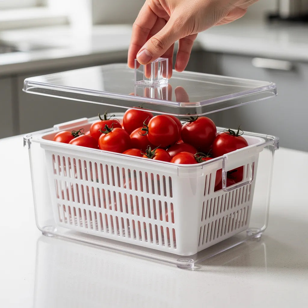 Mão abrindo a tampa transparente do organizador de geladeira pelo puxador central com tomates cereja - Vittara Decor