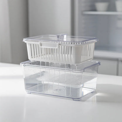 Cesto branco do organizador elevado acima da caixa transparente mostrando drenagem de água pelas ranhuras - Vittara Decor