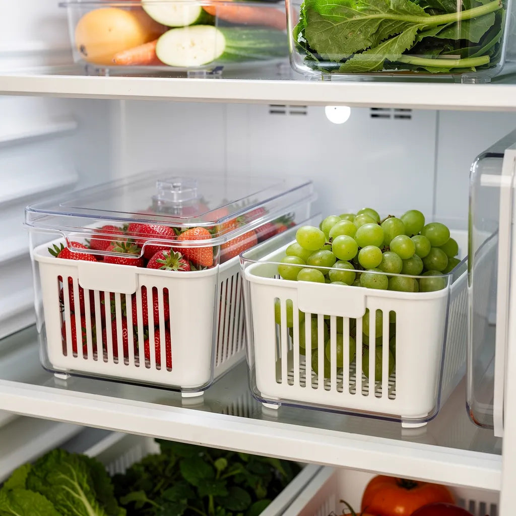 Organizador de geladeira transparente com cesto branco dentro da geladeira aberta com morangos e uvas - Vittara Decor