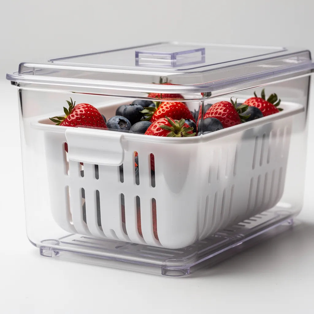 Detalhe do cesto branco do organizador com ranhuras verticais de drenagem e frutas vermelhas - Vittara Decor