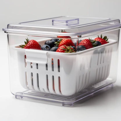 Detalhe do cesto branco do organizador com ranhuras verticais de drenagem e frutas vermelhas - Vittara Decor