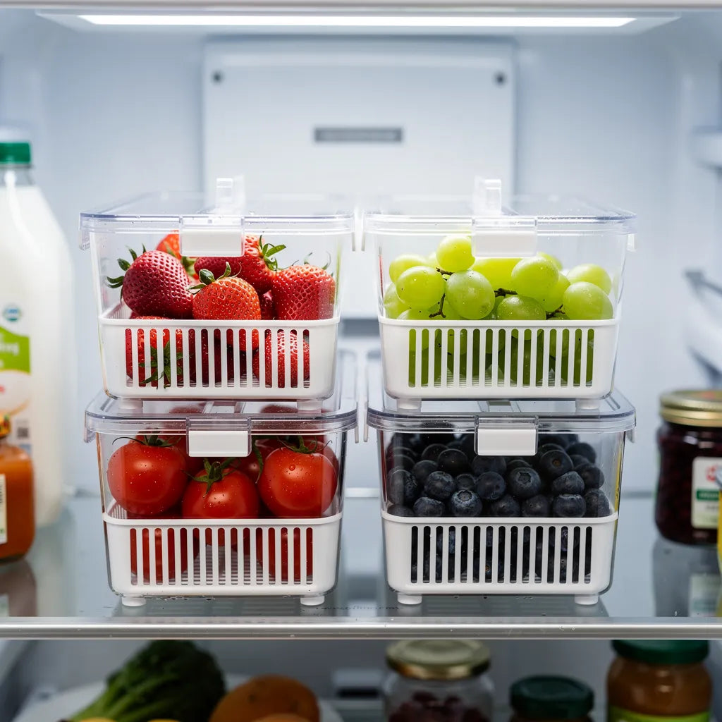 Quatro organizadores de geladeira transparentes empilhados em dois andares com frutas variadas - Vittara Decor