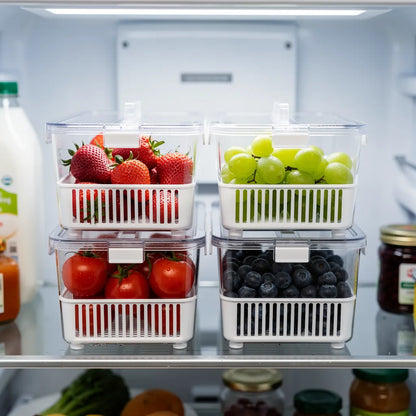 Quatro organizadores de geladeira transparentes empilhados em dois andares com frutas variadas - Vittara Decor