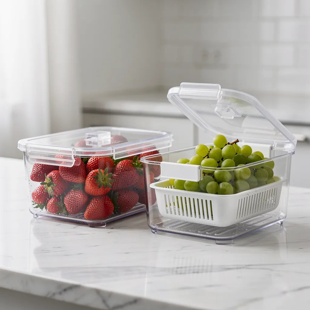 Dois organizadores de geladeira transparentes na bancada mostrando frutas visíveis pelas paredes crystal-clear - Vittara Decor