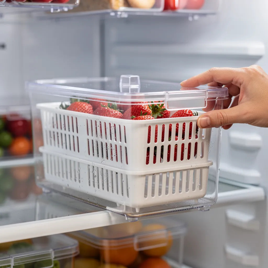Mão colocando organizador de geladeira transparente com morangos na prateleira da geladeira - Vittara Decor