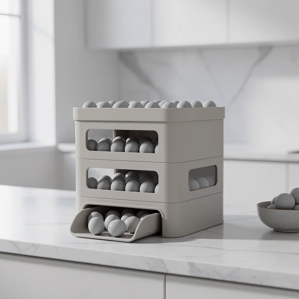 Organizador de ovos rolante cinza com 4 andares na bancada da cozinha - Vittara Decor