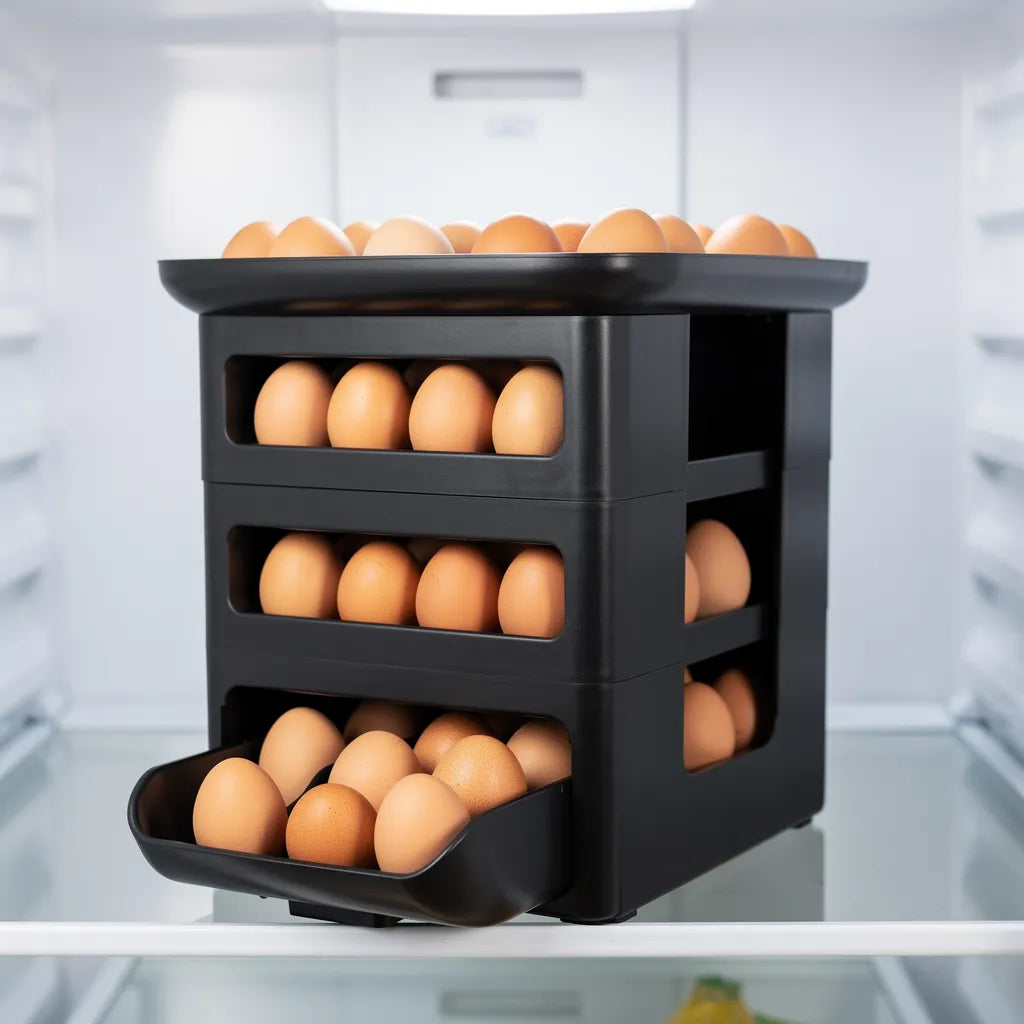 Organizador de ovos rolante preto com todos os 4 andares cheios dentro da geladeira - Vittara Decor