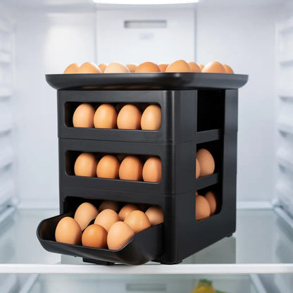 Organizador de ovos rolante preto com todos os 4 andares cheios dentro da geladeira - Vittara Decor