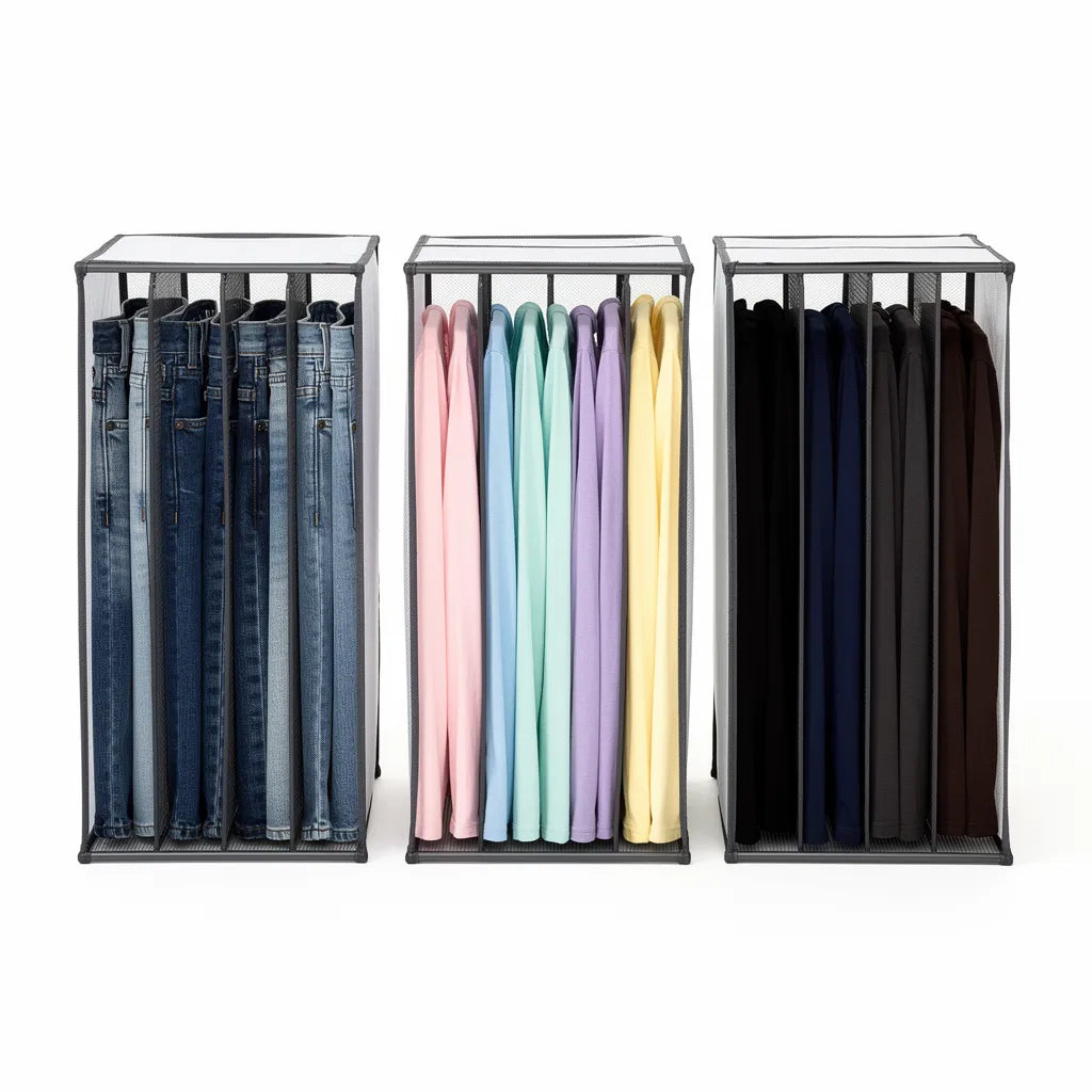 Kit com 3 organizadores separadores de roupas para armário lado a lado com jeans camisetas pastel e camisetas escuras organizadas em slots verticais - Vittara Decor
