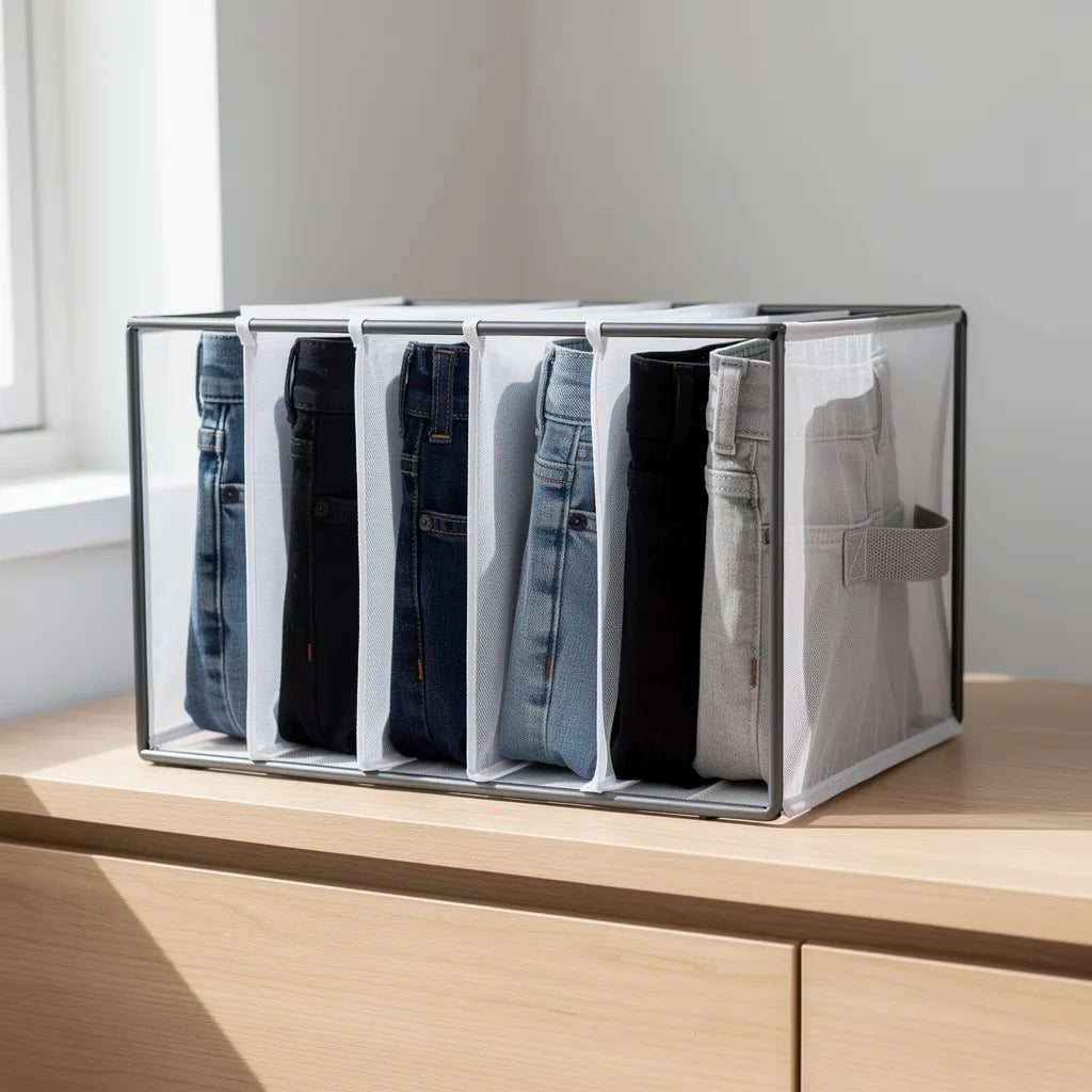 Organizador separador de roupas com calças jeans e chinos de tons variados dobrados verticalmente nos slots em prateleira de guarda-roupa - Vittara Decor