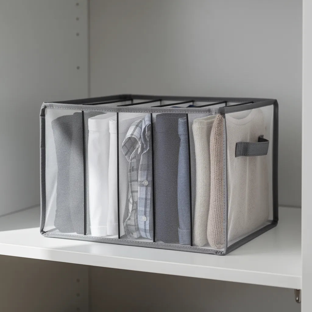 Organizador e separador de roupas para armário com estrutura de arame cinza e malha transparente em prateleira de guarda-roupa com camisas dobradas - Vittara Decor