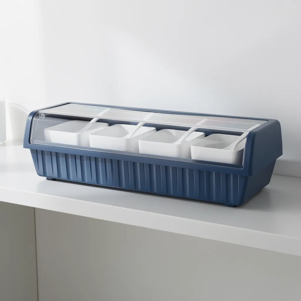 Organizador de temperos azul fechado em prateleira de cozinha minimalista - Vittara Decor