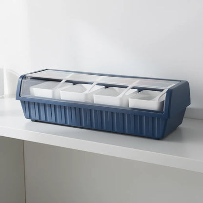 Organizador de temperos azul fechado em prateleira de cozinha minimalista - Vittara Decor