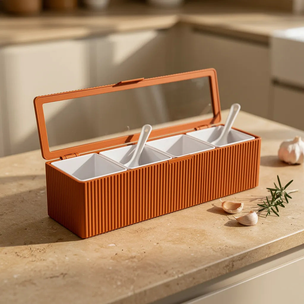 Conjunto organizador de temperos laranja na bancada de preparo com 4 compartimentos abertos - Vittara Decor