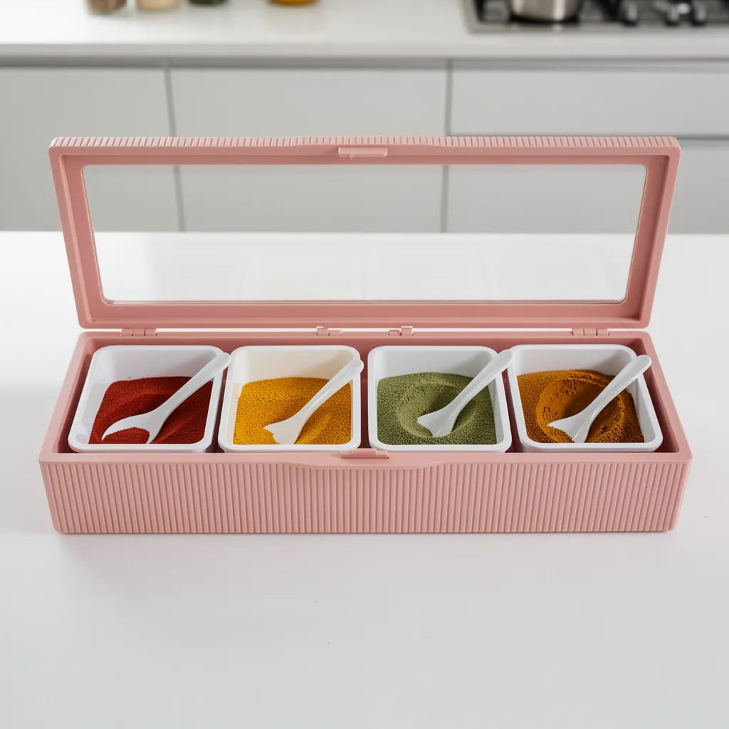 Vista superior do conjunto organizador de temperos rosa com 4 compartimentos em cozinha moderna - Vittara Decor