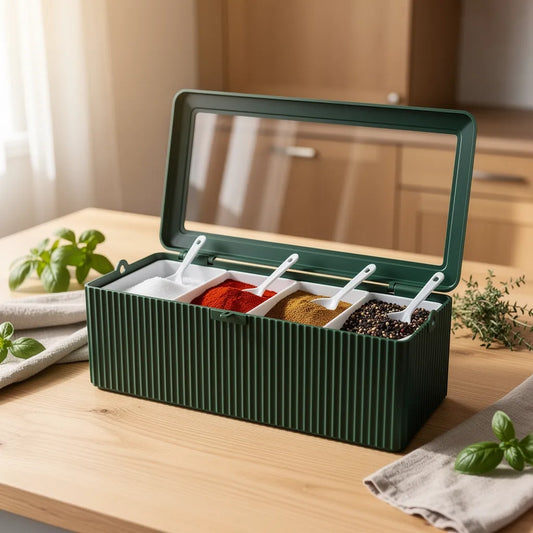 Conjunto organizador de temperos verde aberto na bancada da cozinha com 4 compartimentos - Vittara Decor