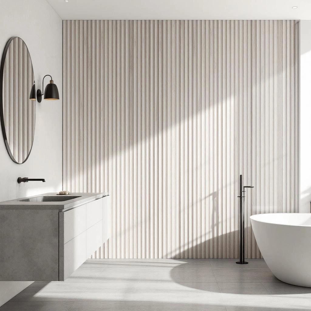 Painel ripado autocolante carvalho aplicado em parede de banheiro moderno — Vittara Decor