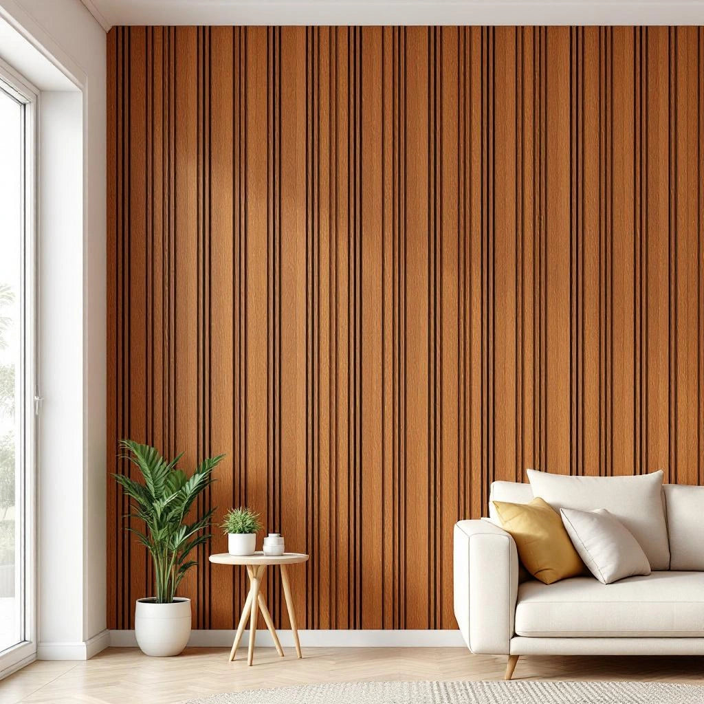 Painel ripado autocolante cinamomo aplicado em parede de sala — Vittara Decor