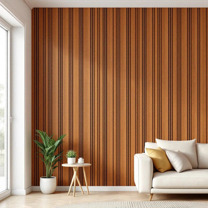 Painel ripado autocolante cinamomo aplicado em parede de sala — Vittara Decor