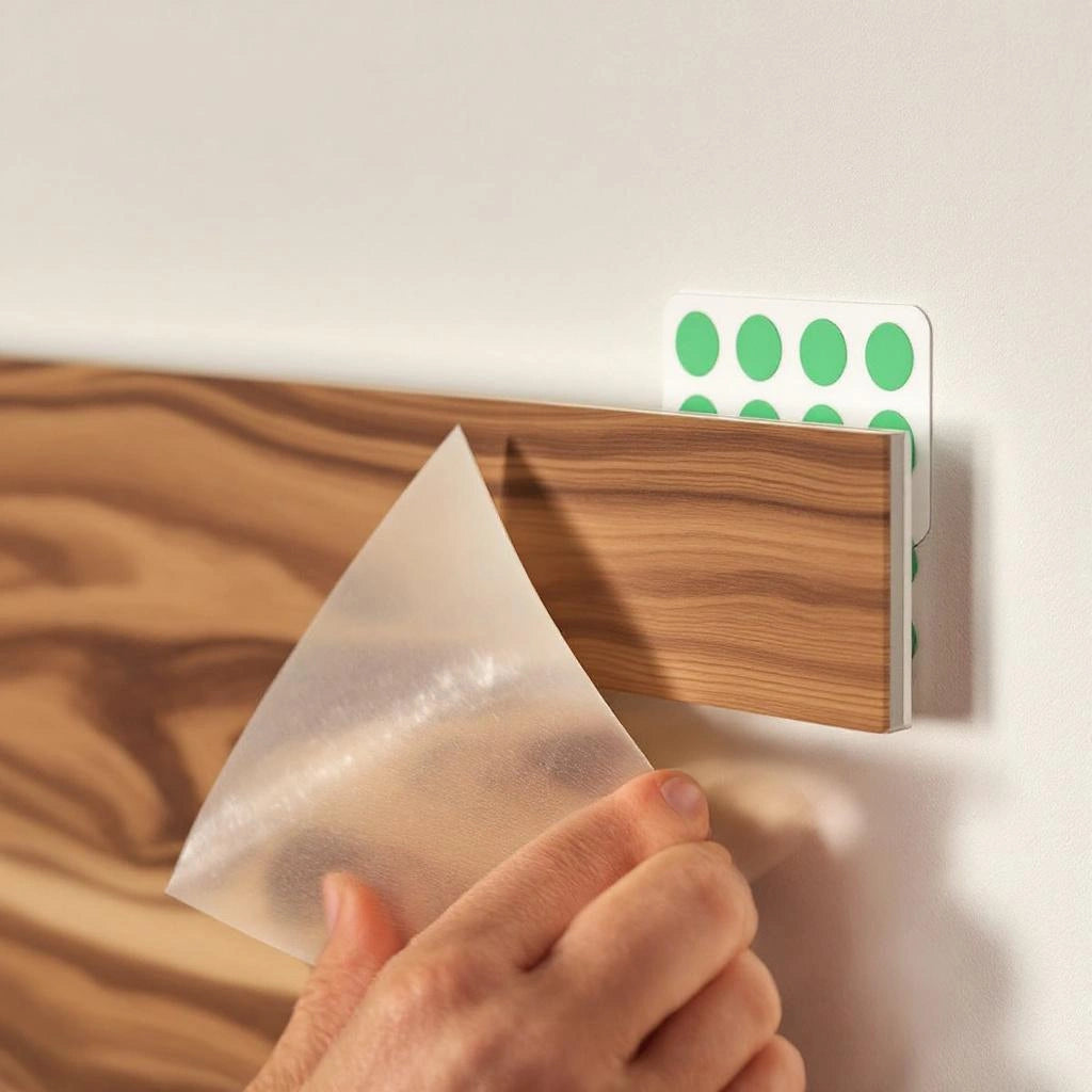 Detalhe da fita adesiva autocolante no verso do painel ripado EVA — Vittara Decor