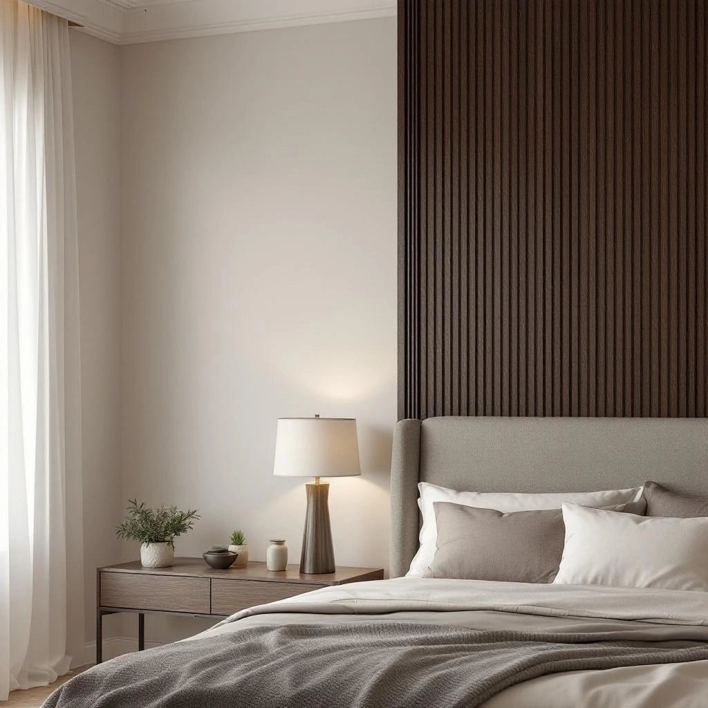 Painel ripado autocolante nogueira intenso em parede de quarto — Vittara Decor