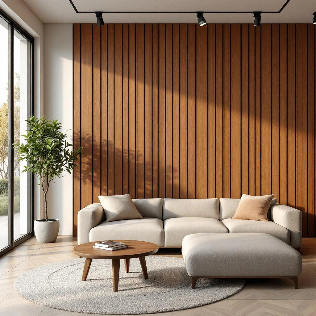 Painel ripado autocolante EVA nogueira intenso em sala de estar moderna — Vittara Decor