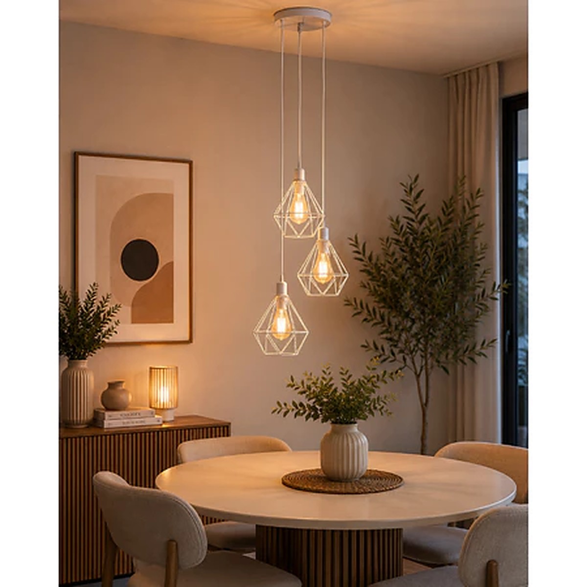Pendente triplo aramado branco sobre mesa de jantar redonda - Vittara Decor