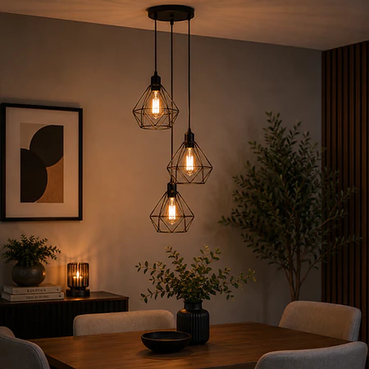 Pendente triplo aramado preto aceso sobre mesa de jantar - Vittara Decor