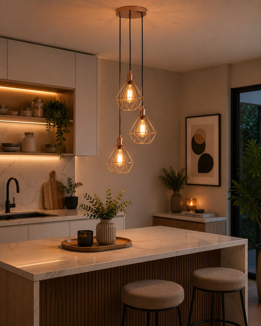Pendente triplo aramado rose gold aceso sobre ilha de cozinha - Vittara Decor