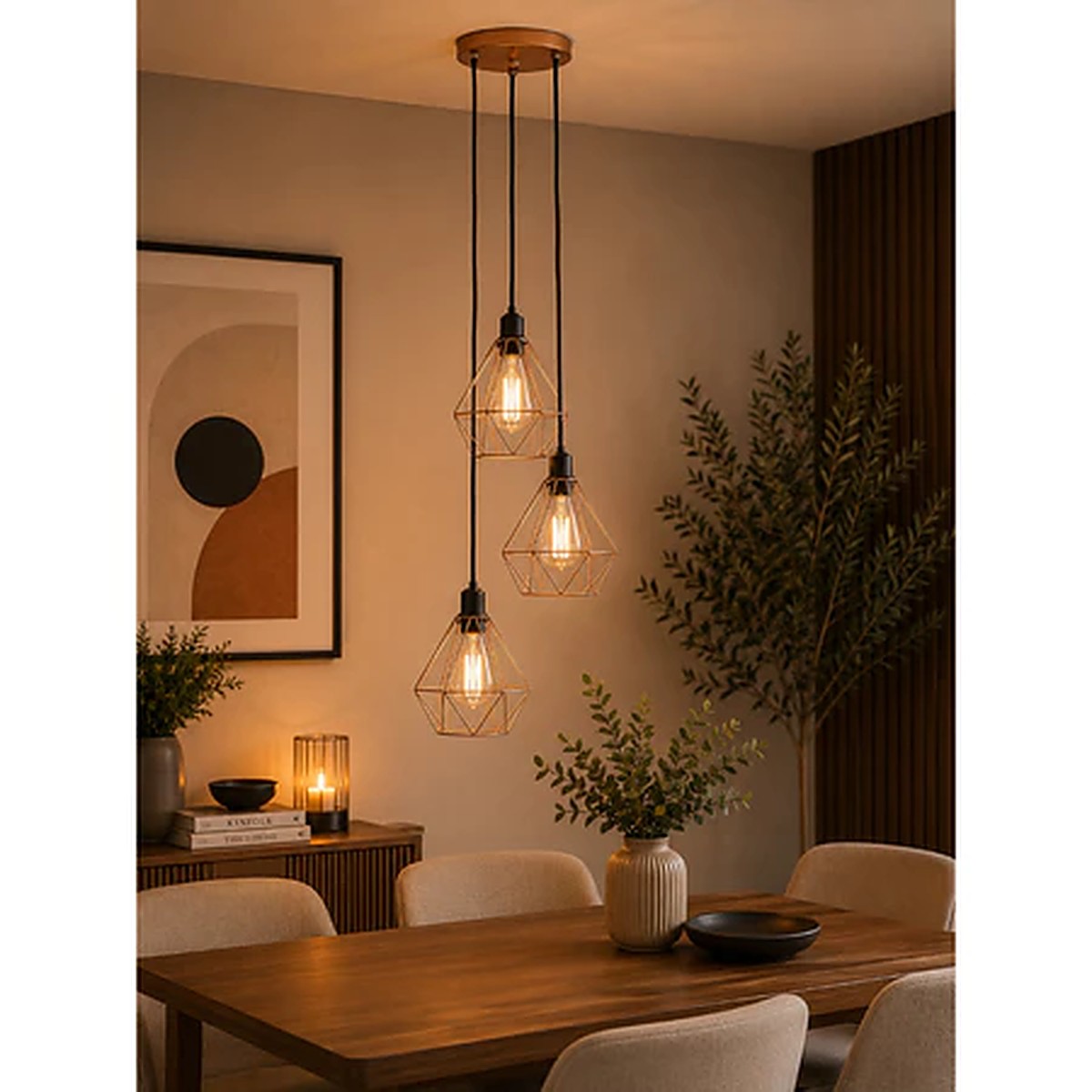 Pendente triplo aramado rose gold sobre mesa de jantar - Vittara Decor