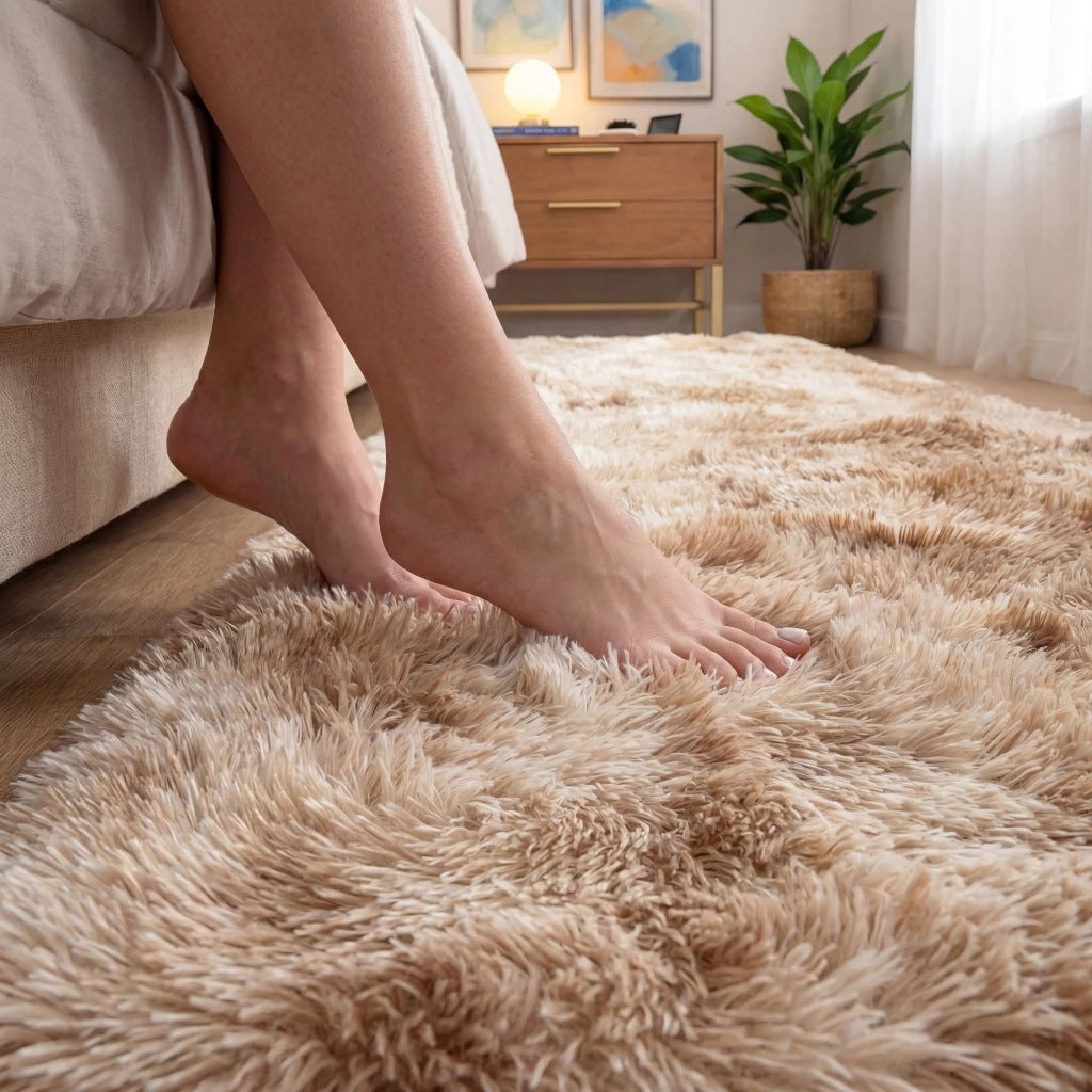 Pés descalços apoiados sobre o pelo alto da passadeira felpuda - Vittara Decor