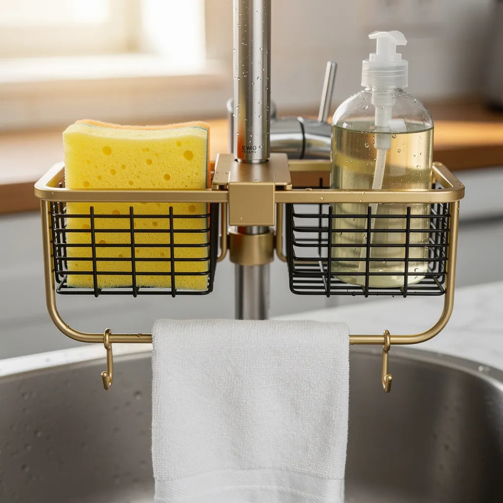 Detalhe dos cestos do organizador porta esponja alumínio em uso - Vittara Decor