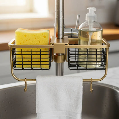 Detalhe dos cestos do organizador porta esponja alumínio em uso - Vittara Decor