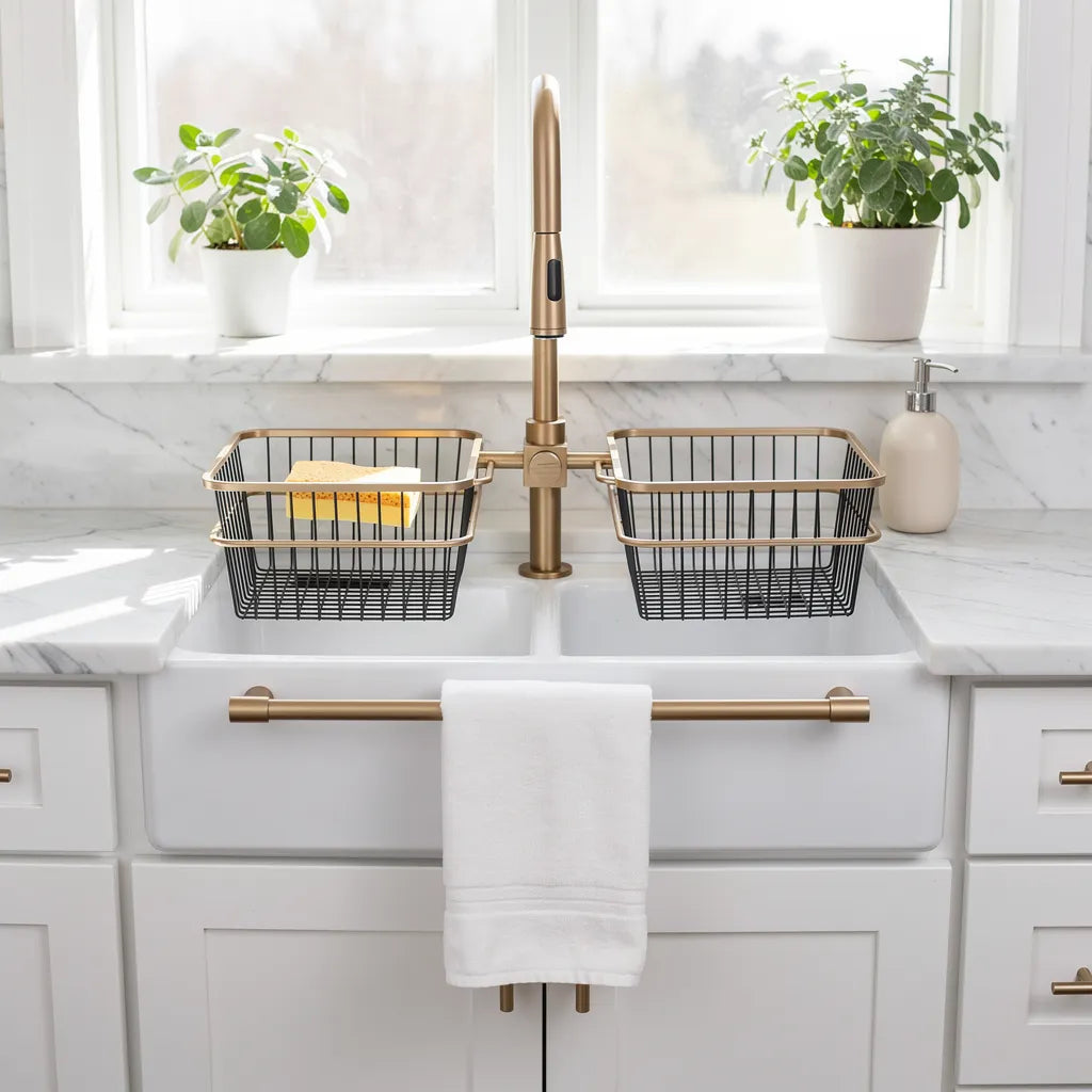 Organizador porta esponja alumínio dourado em bancada organizada - Vittara Decor