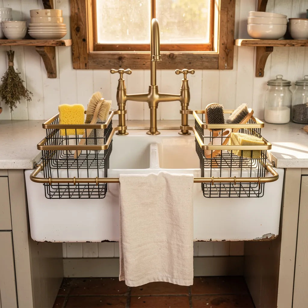 Organizador porta esponja alumínio dourado em cozinha rústica estilo farmhouse - Vittara Decor