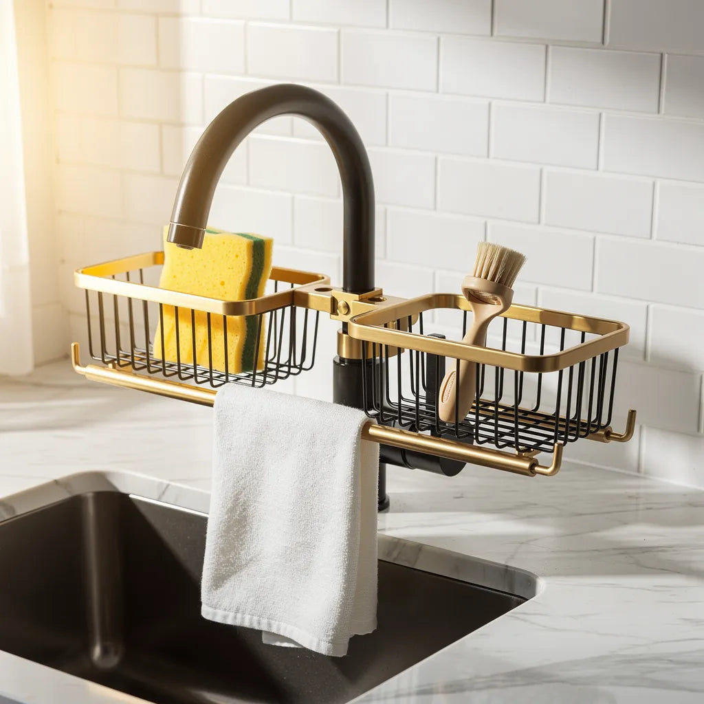 Organizador de pia em alumínio dourado montado na torneira da cozinha - Vittara Decor