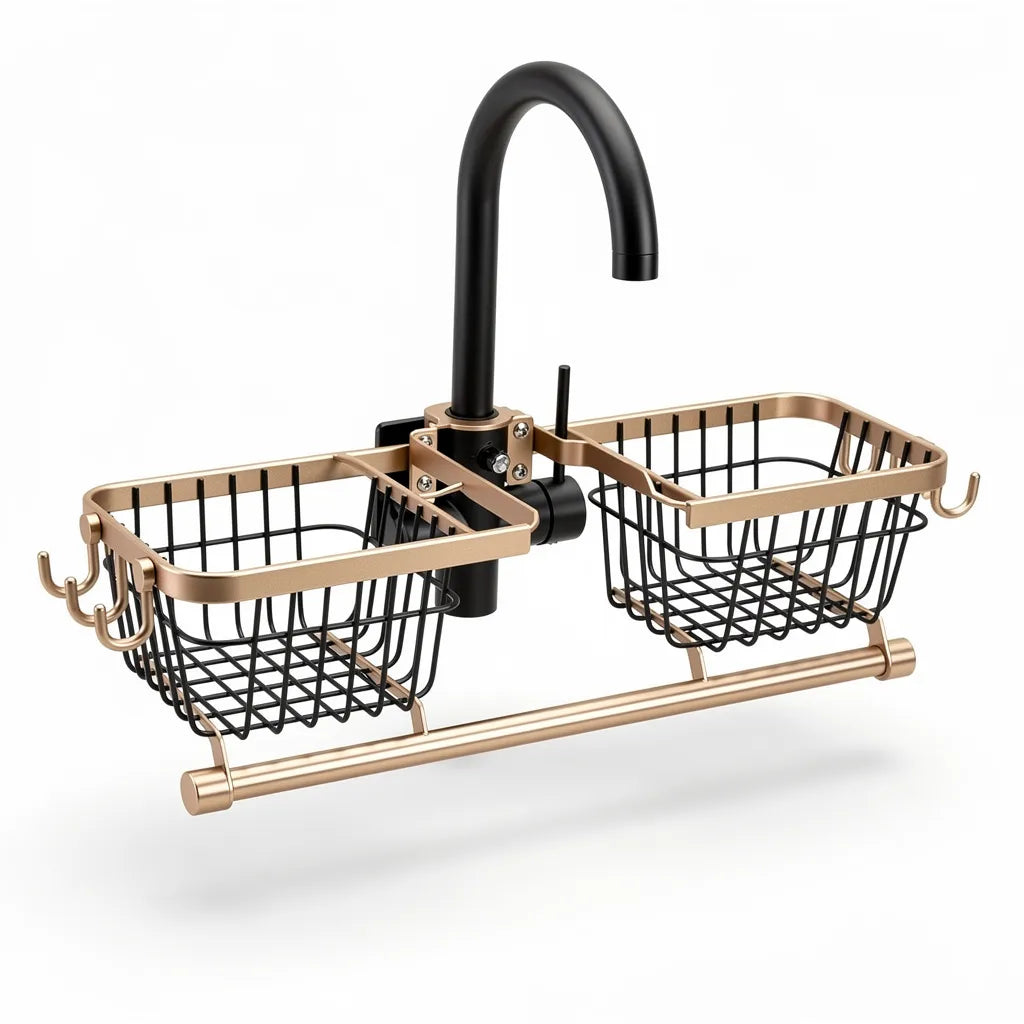 Organizador porta esponja alumínio dourado montado em torneira - Vittara Decor